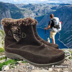 Women's Khombu Gracie Ankle Boots Size 8.5 Brown Leather Faux Fur Zip Close EUC